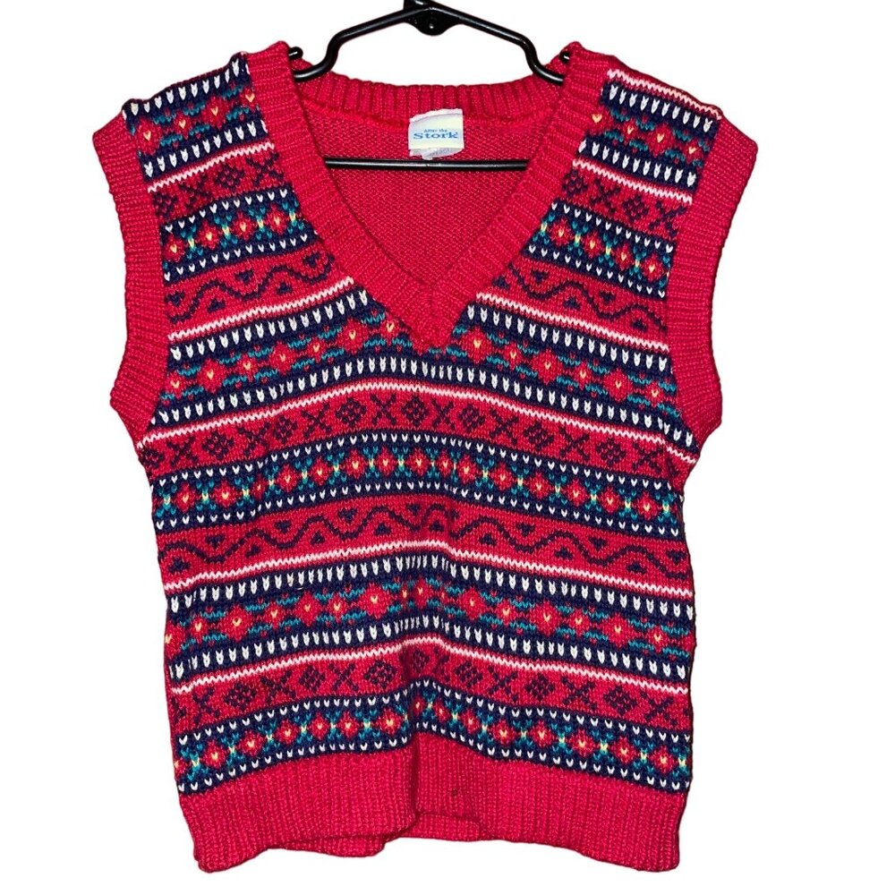 Vintage After The Stork Toddler Knit Sweater Vest Red Multicolor Fair Isle XS